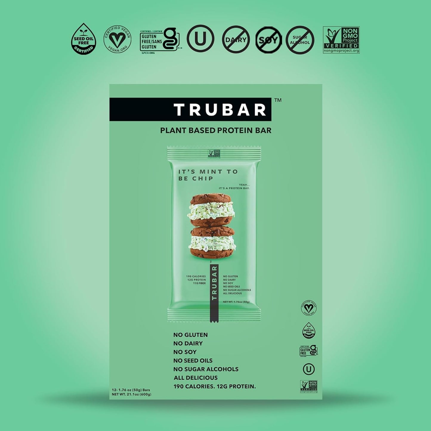 TRUBAR Vegan Protein Bars, Mint Chips, 12g Lean Protein, Healthy Snack Bars, 12 Count