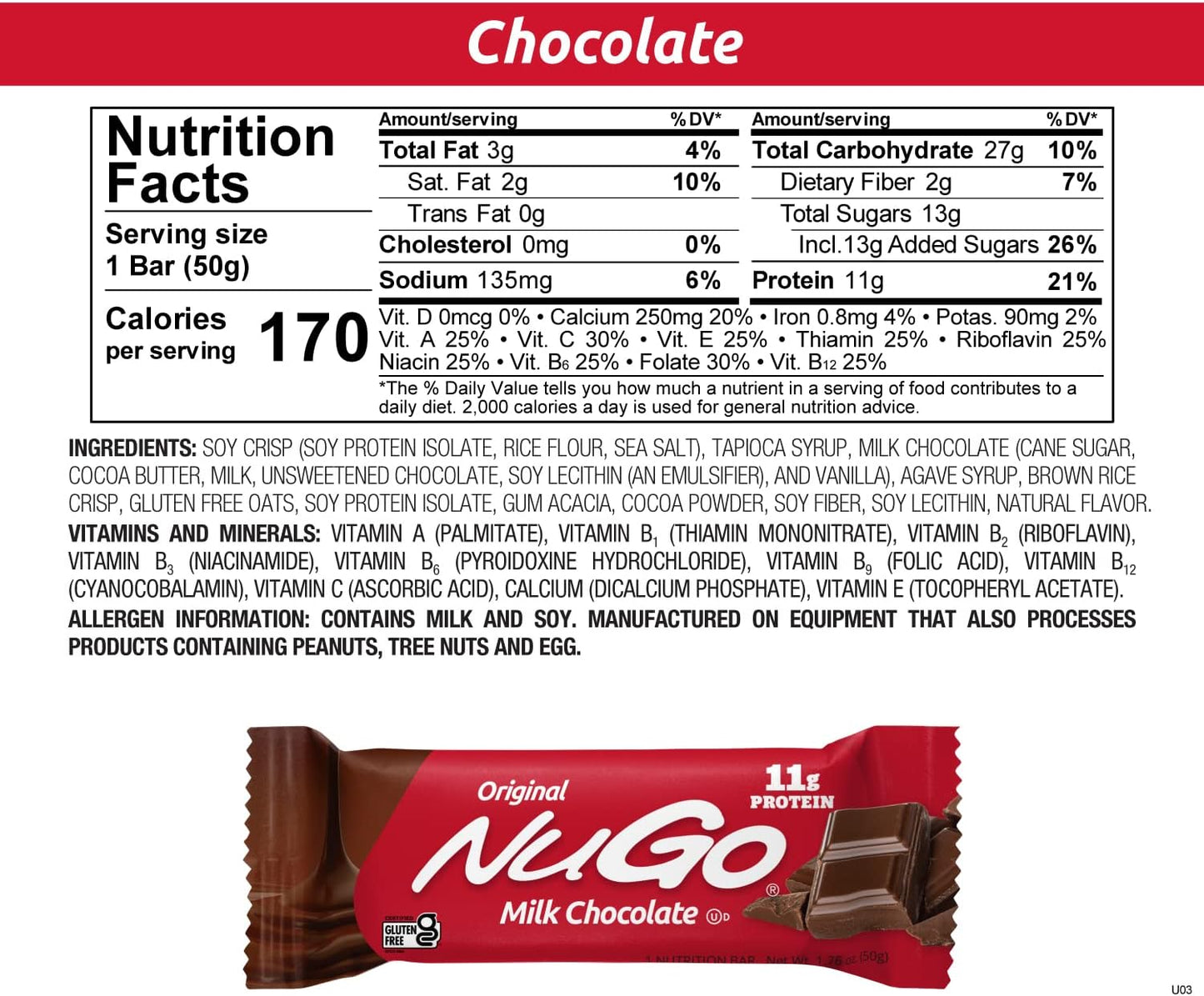 NuGo Protein Bar, Chocolate, 11g Protein, Gluten Free, 15 Count