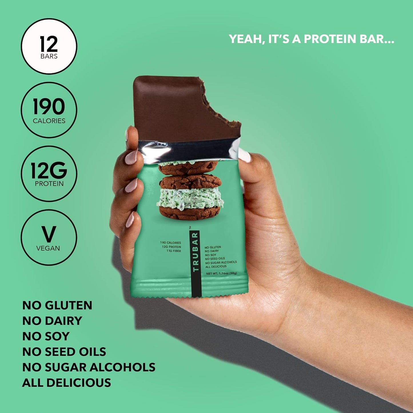 TRUBAR Vegan Protein Bars, Mint Chips, 12g Lean Protein, Healthy Snack Bars, 12 Count