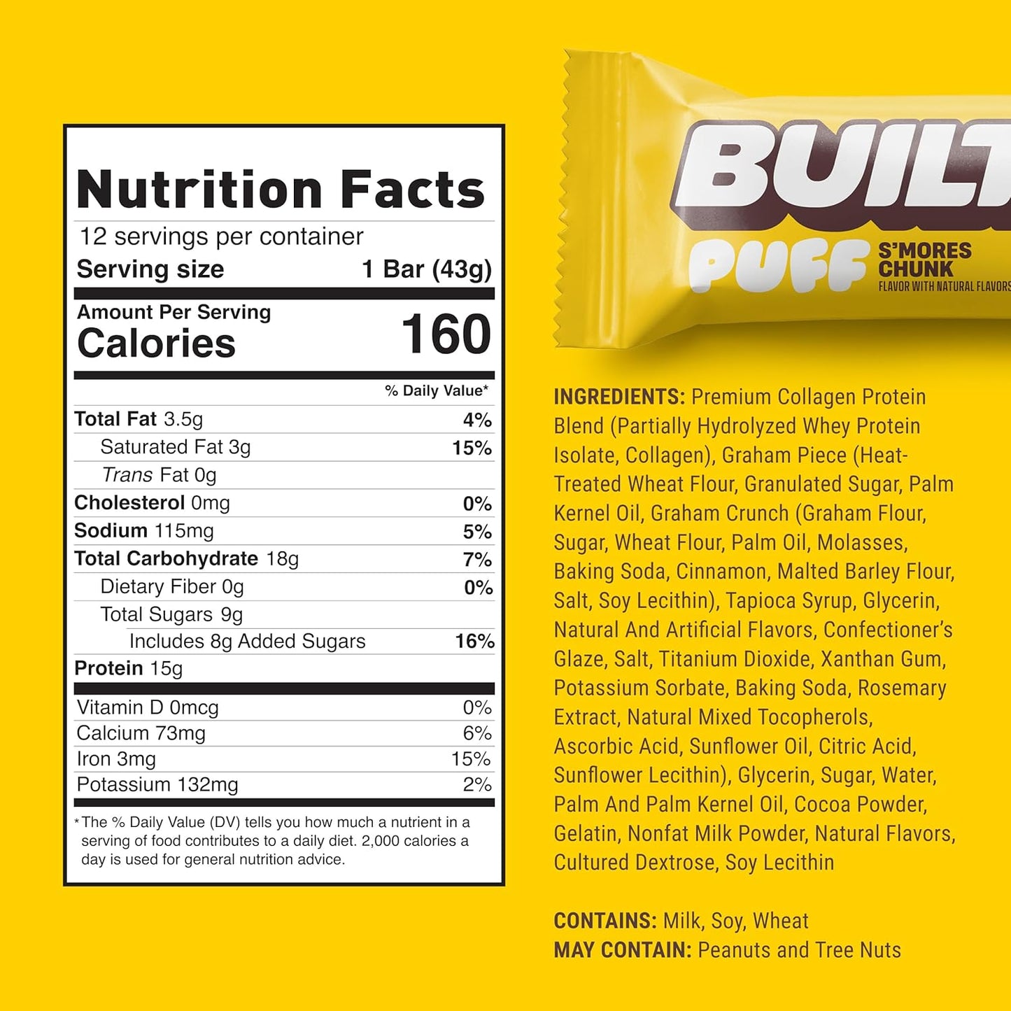 Built Bar, Puff Protein Bars, Strawberry Cream Puff, Collagen, Gluten-Free, 12 Bars