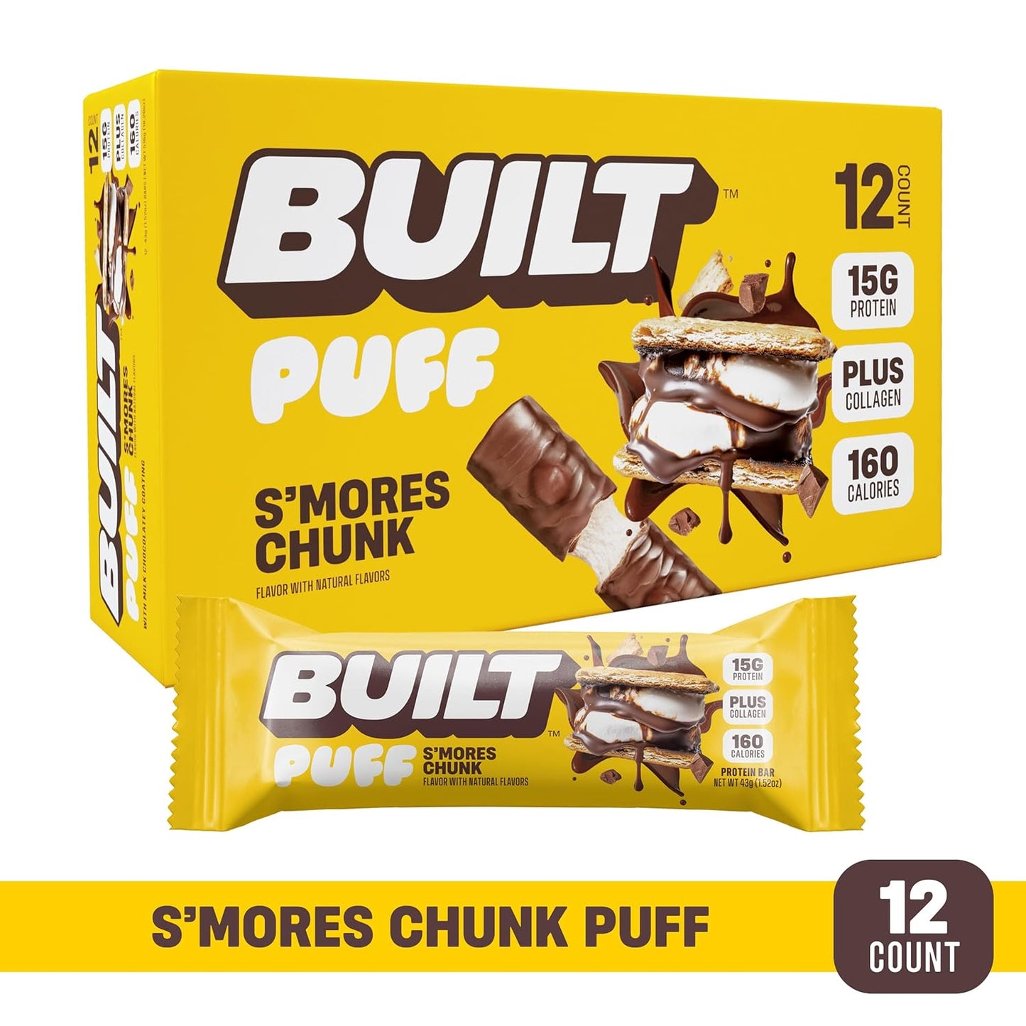 Built Bar, Puff Protein Bars, Strawberry Cream Puff, Collagen, Gluten-Free, 12 Bars